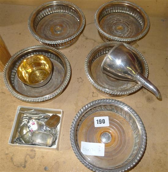 Set of 4 and 1 other plated wine coaster, wine funnel and various wine labels